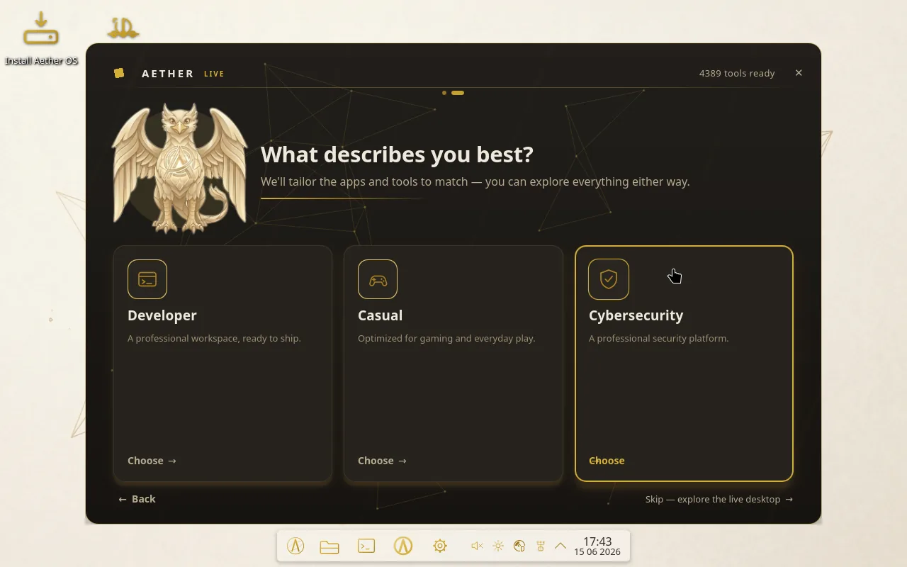 A welcome screen offering Developer, Gaming and Cybersecurity as side-by-side choices